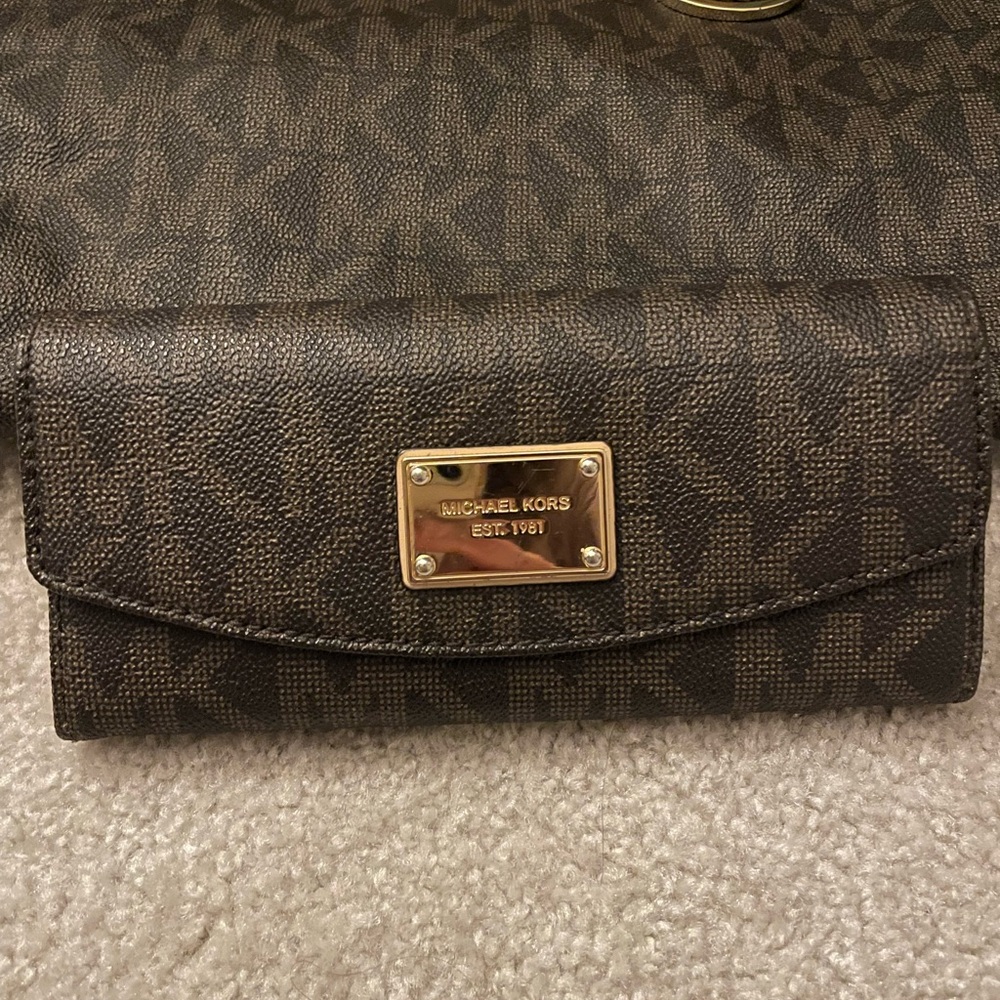 Michael Kors brown leather wallet MK pattern